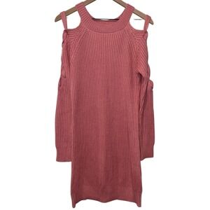 Boston Proper Ribbed Sweater Dress Cold Shoulder Lace Up Sz S Pink Resort Preppy